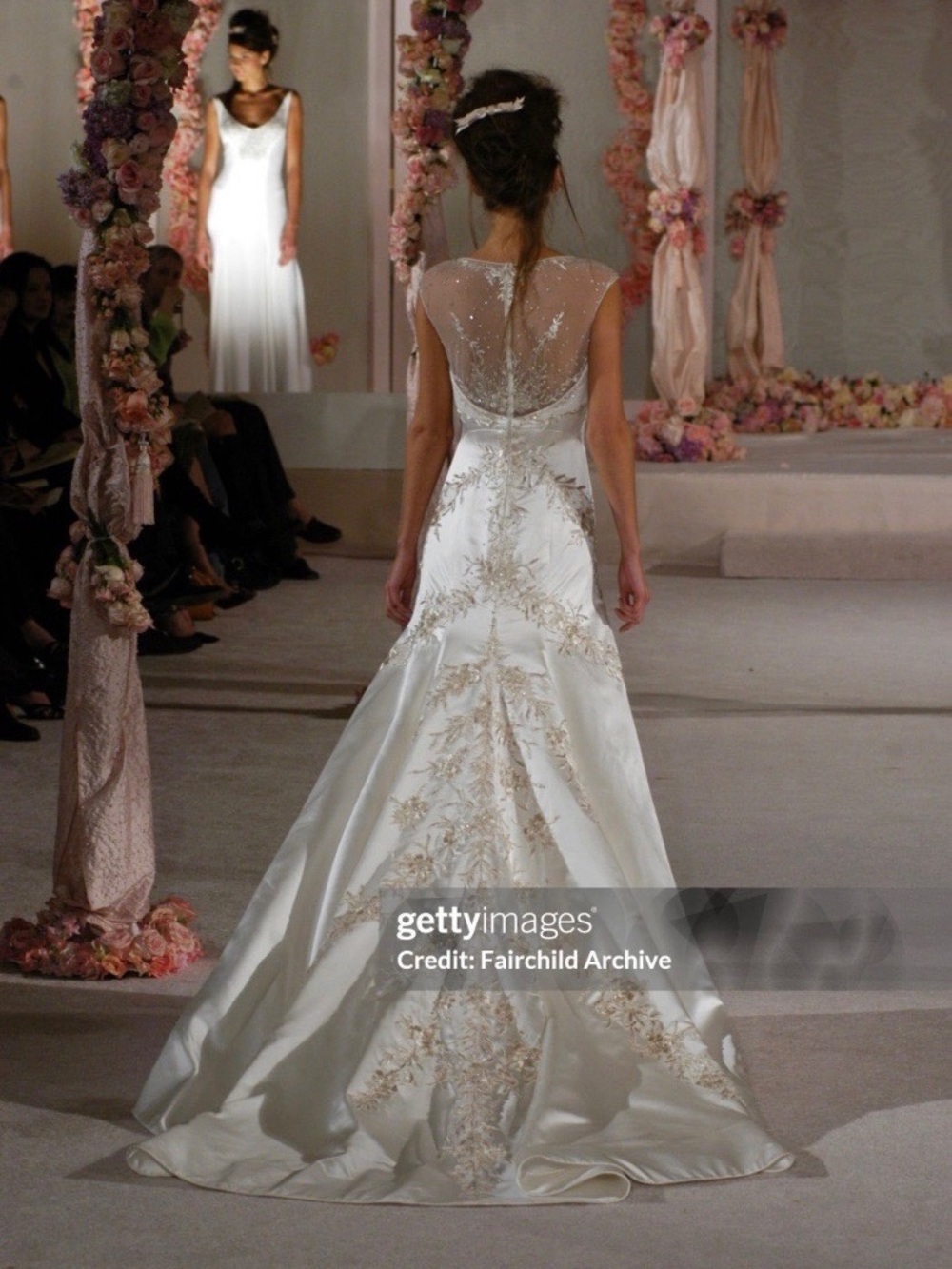 Reem Acra Ivory Satin Bridal Gown with Gold Embroidery and Long Train - Picture 16 of 17